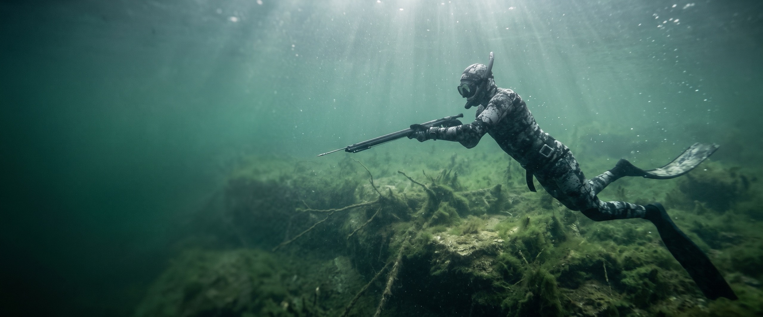 Підводний мисливець цілиться з рушниці